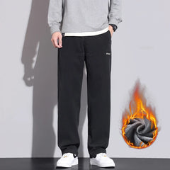 Fleece Casual Pants Men Elastic Waist Straight Thick Work Flocking Trousers