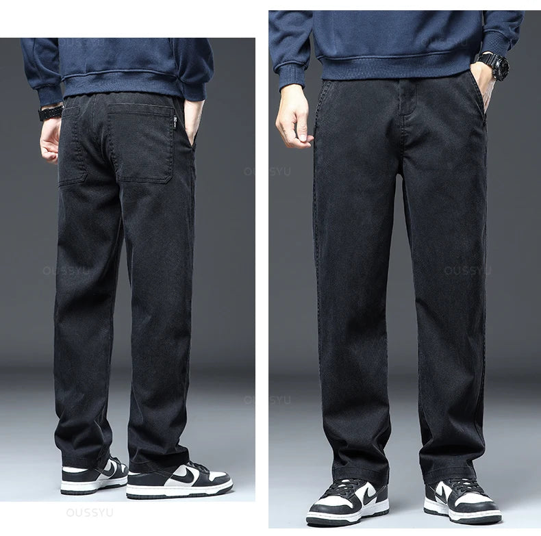 Men Elastic Waist Loose Straight Four Seasons Denim Trousers