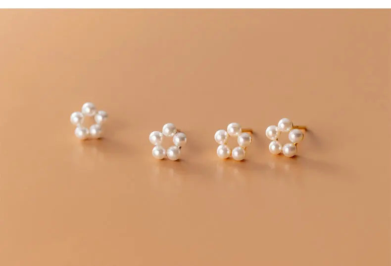 Flower Stud Sterling Silver Small Fake Pearl Silver Earrings