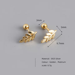 Fashion Simple Ear Bone Piercing Screw Beads Leaf Stud Earrings