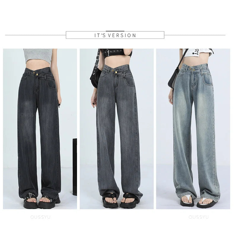 Woman Jeans Thin Loose Wide Leg Straight High Waisted Pant