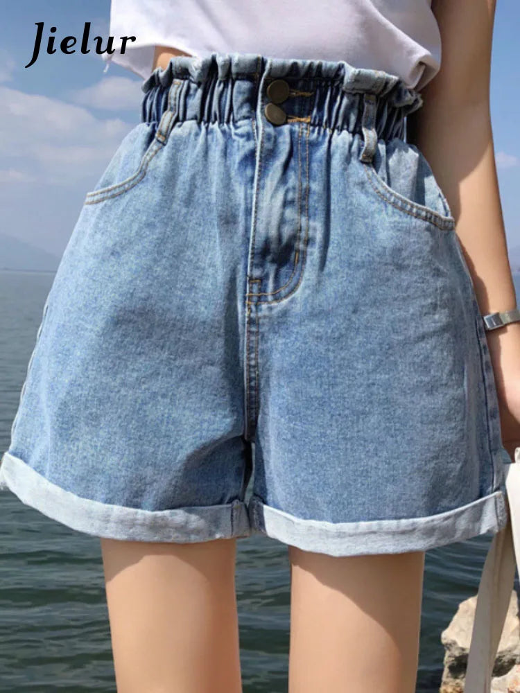 Denim Harem Ruffled White Blue High Waisted Shorts