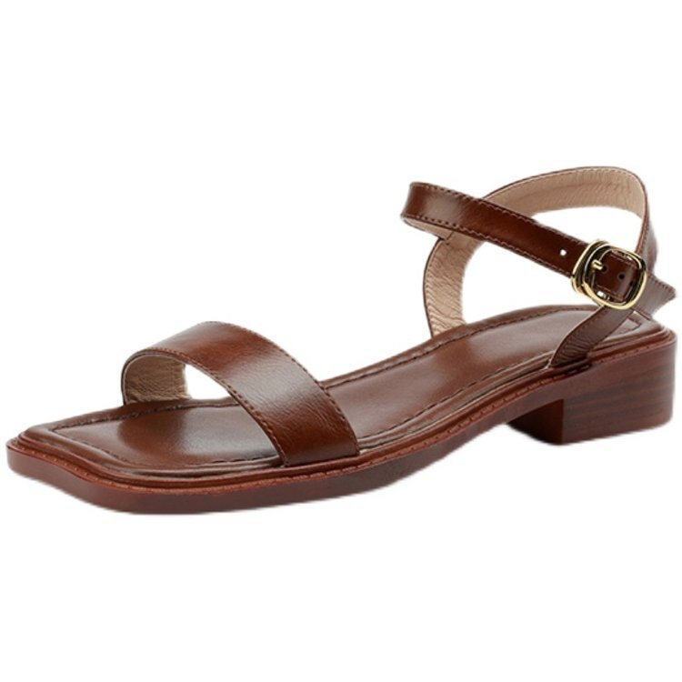 Summer French Retro Roman Sandals Square Toe Low Heel