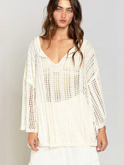 Hollow Out V Neck Long Sleeve Knitting Bikini Cover-ups