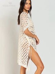 White Mesh Dress Bikini Cover-ups See Through Hollow Out Mini Dress