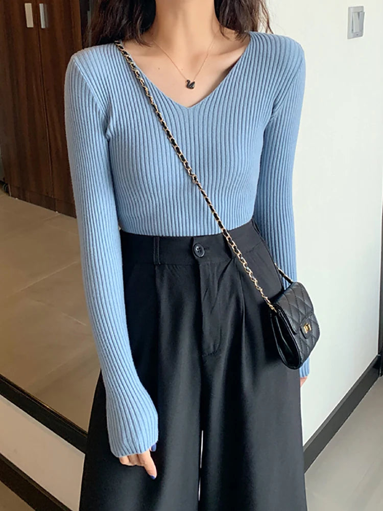 Basic B-neck Solid Pullover Knitted Sweater