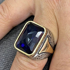 Square Geometry Grave Color Blue Stone Rings for Men Jewelry