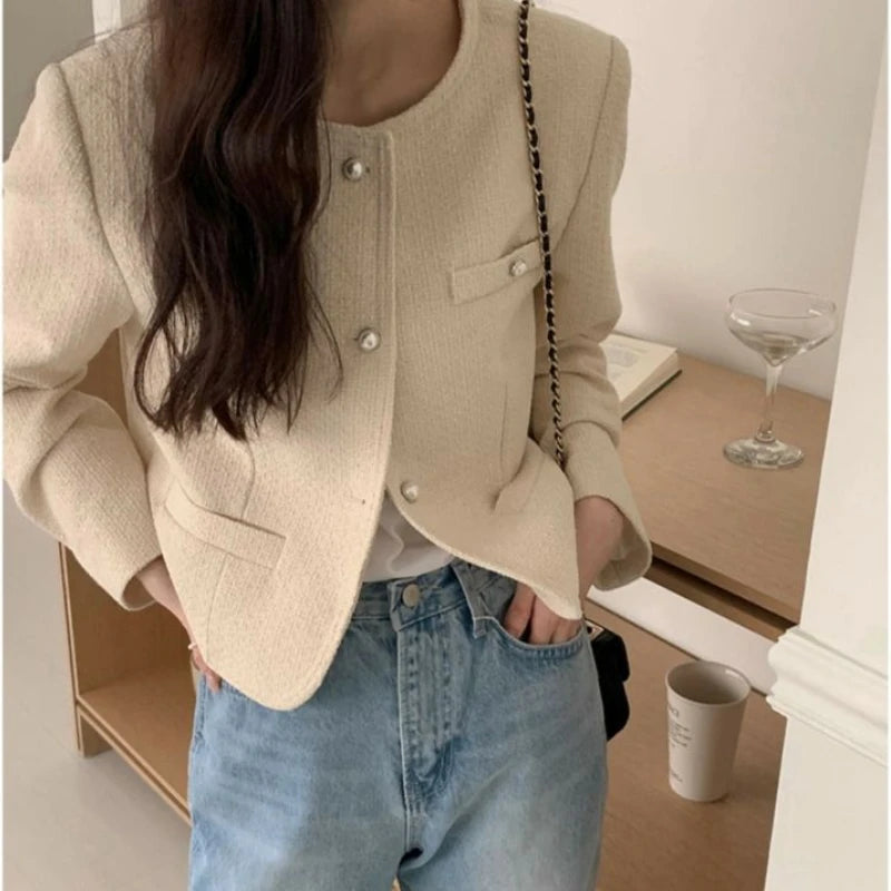 Fashion Round Neck Jacket Women Elegant Single Breasted Long Sleeve Coats