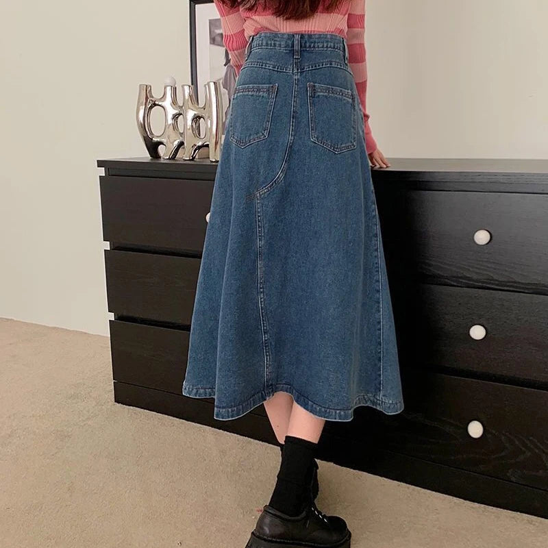 High Waist Retro Blue Denim A-Line Long Skirt