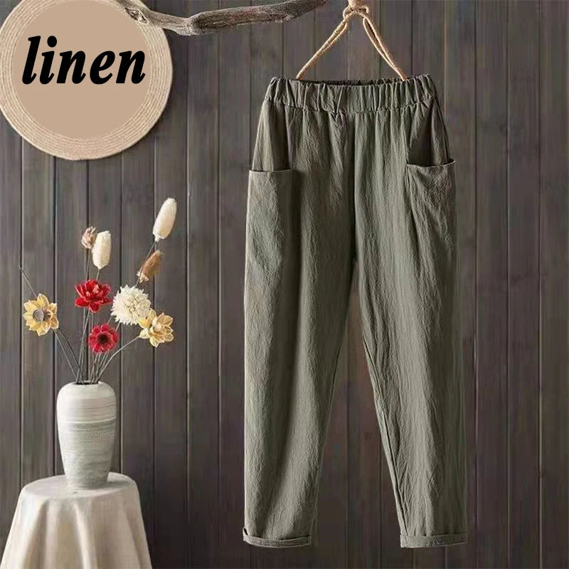 Summer Cotton Linen Pants Solid Color Elastic Waist Pocket Trousers