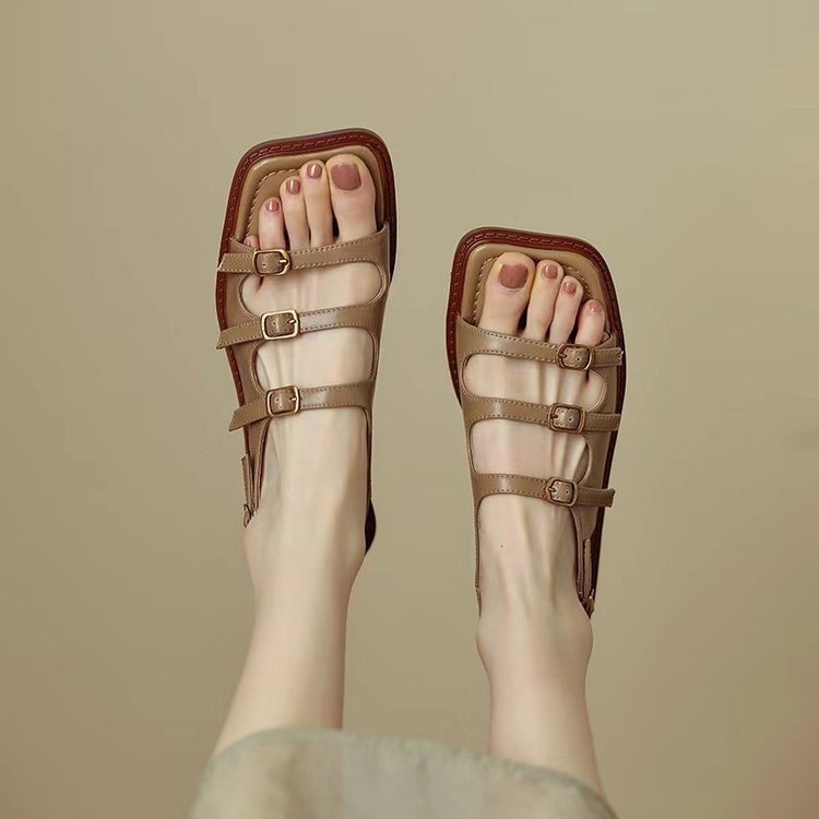 Summer French Retro Roman Sandals Square Toe Low Heel