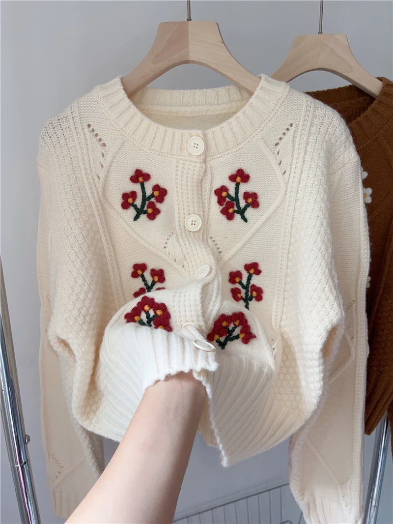 Vintage Floral Fashion Knitting Cardigans Short Tops