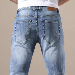 Clothing Jeans Men Stretch Light Blue Denim Fashion Pleated Retro Pocket