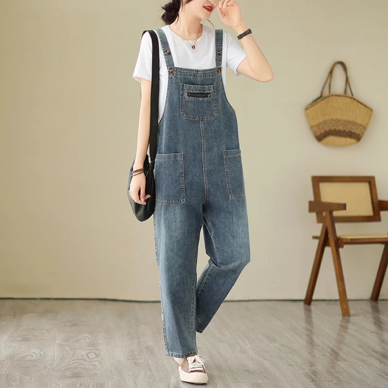 Fashion Denim Jumpsuit Casual Multiple Pockets Cargo Overalls