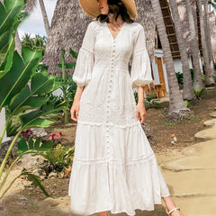 Lantern Sleeve Cotton Splice Lace Long Dresses