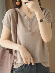 Short Sleeves T-shirt Button V Neck Cotton Linen Basic Solid Casual Top Tees