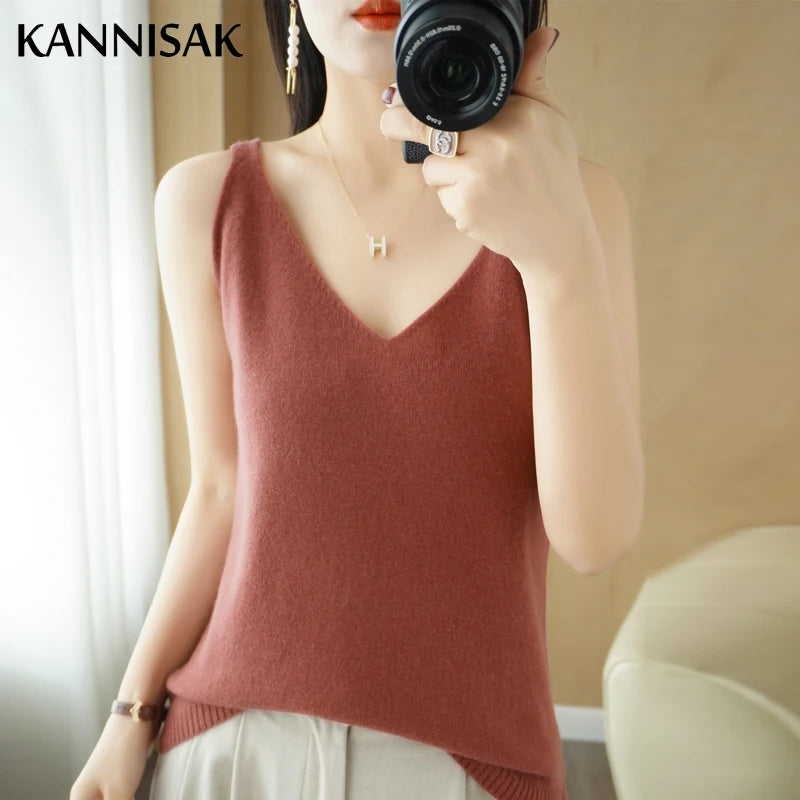 Knitted Camis Women Tops Loose V-neck Sleeveless