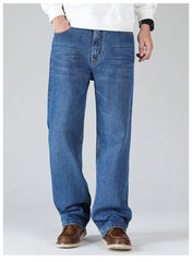 Classic Blue Cotton Straight Loose Jeans Retro Fat Plus Size Wide-leg Pants