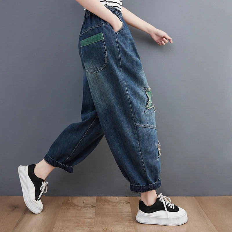 Fashion Vintage Chic Star Patchwork Jeans Retro