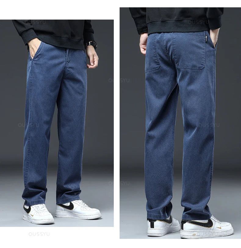 Men Elastic Waist Loose Straight Four Seasons Denim Trousers