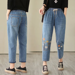 Design Flower Embroidery Jeans  Casual Loose Vintage Style