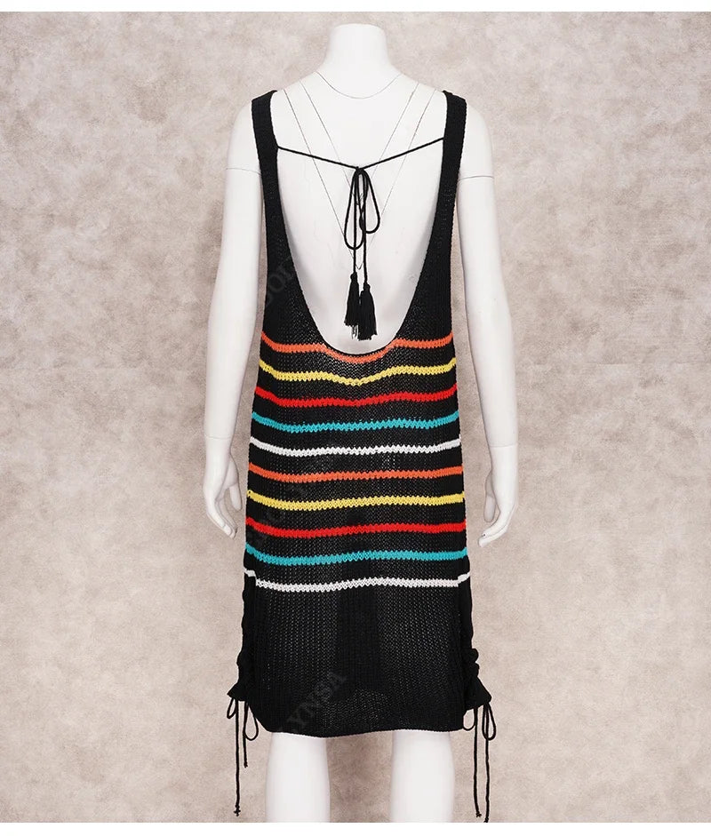 Black Crochet Tunic Bikini Cover-ups Striped Sleeveless Backless