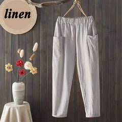 Summer Cotton Linen Pants Solid Color Elastic Waist Pocket Trousers