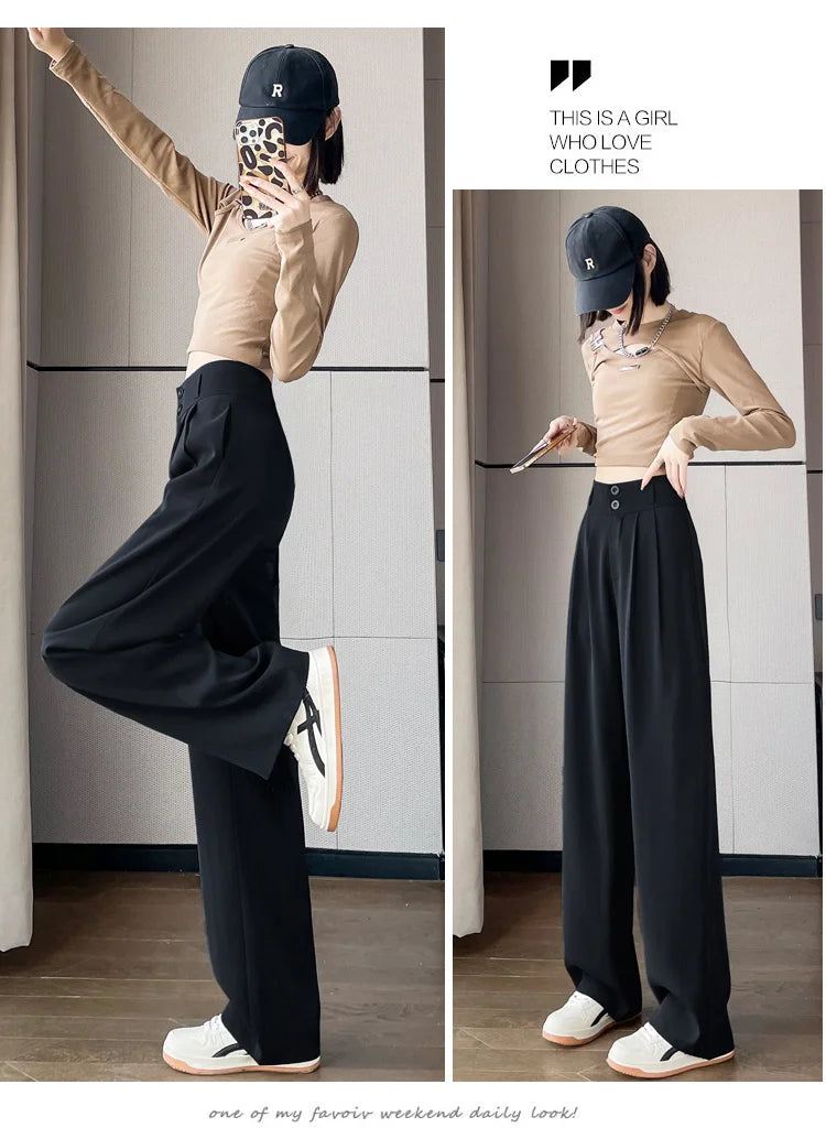 Women'S Loose High Waist Wide Legs Slim Casual Trousers