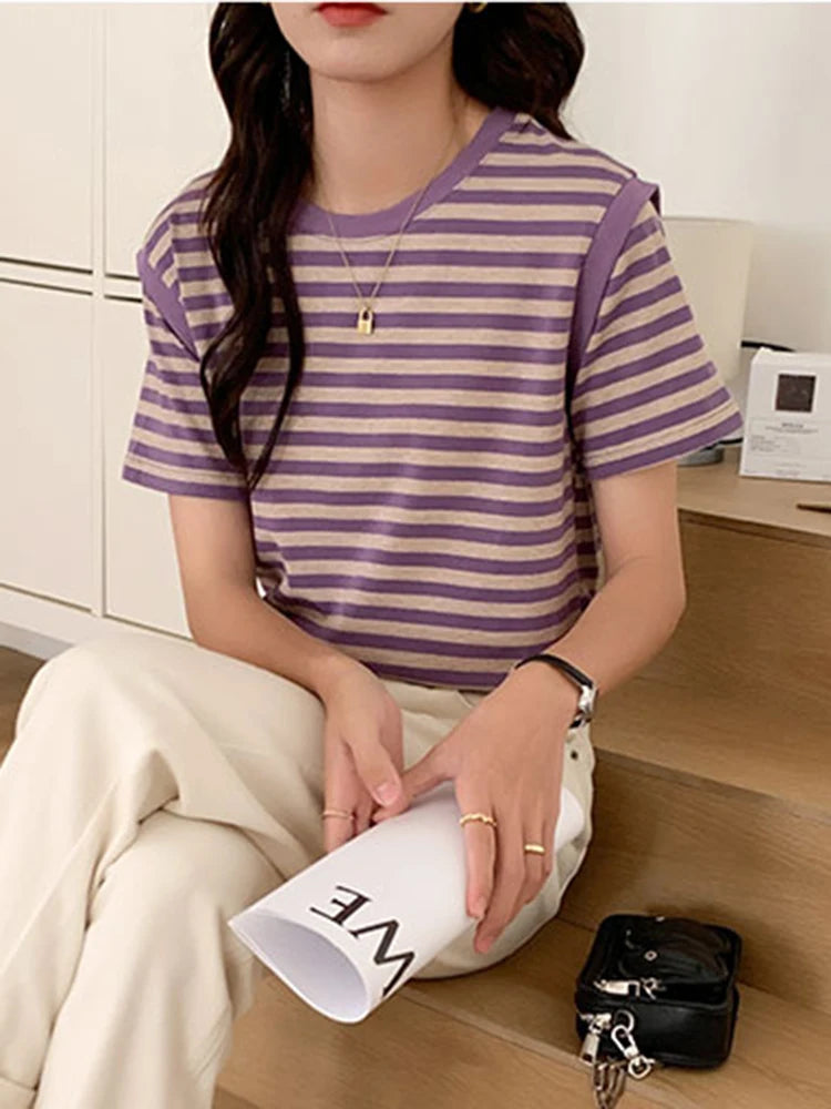 Striped T-shirts Women Top Tee Summer Cotton Short Sleeve Casual