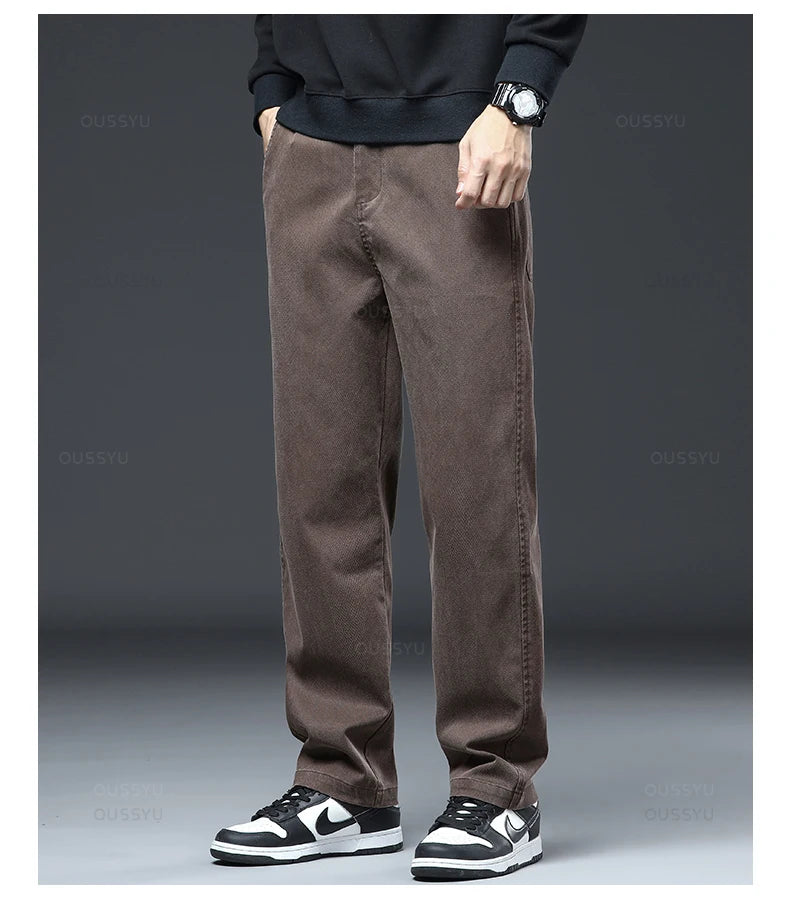 Men Elastic Waist Loose Straight Four Seasons Denim Trousers