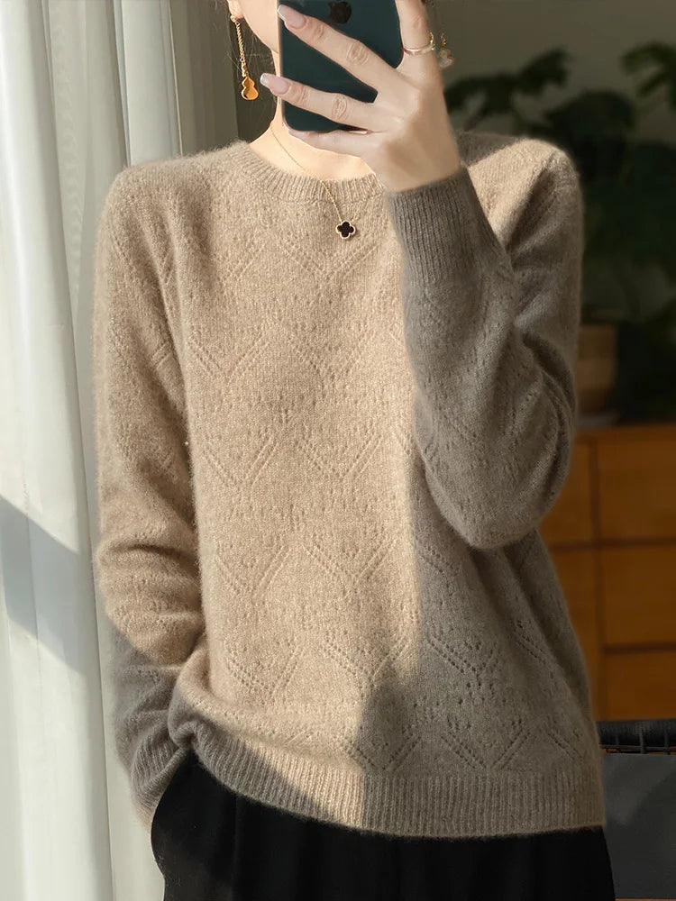 Women O-neck Pullover Sweater Hollow Out Long Sleeve Jumper