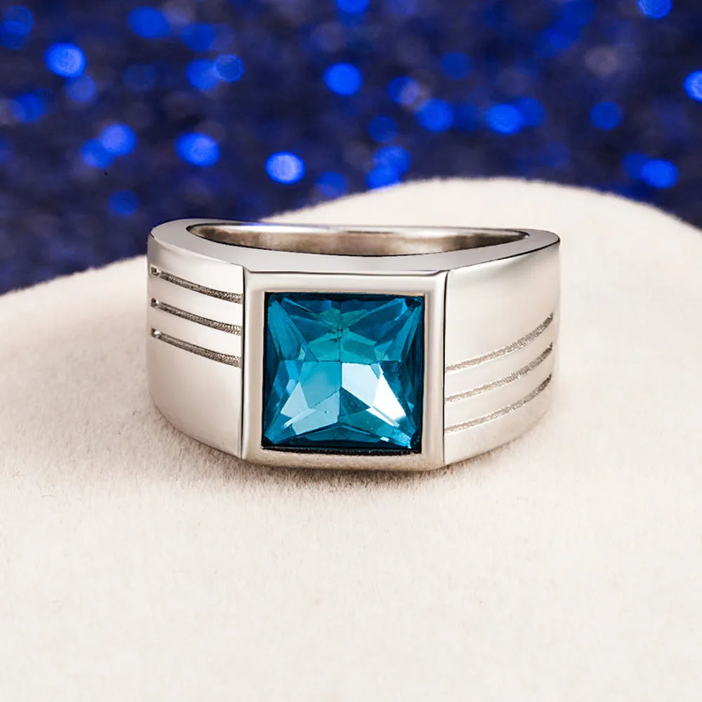 Trendy Men's Ring Blue Topaz Sterling Silver Finger Ring Fashion