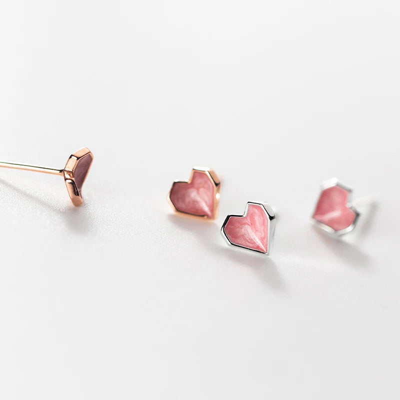 Silver Pink Enamel Hearts Stud Earrings Jewelry