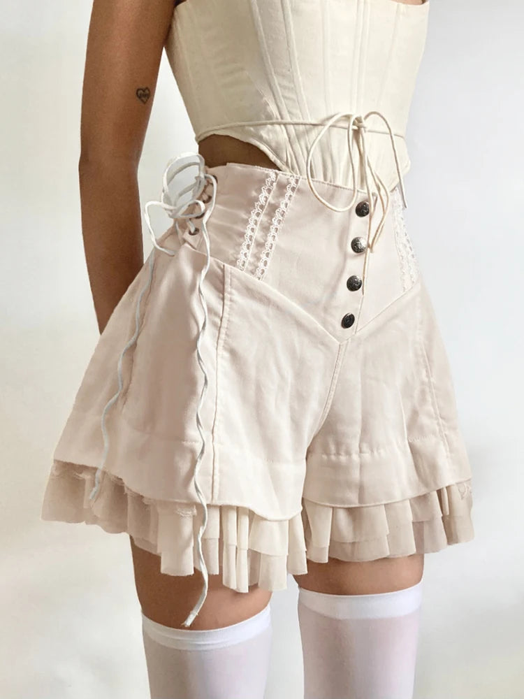 Ruffles Shorts Baggy Button Up High Waist Side Bandage Vintage