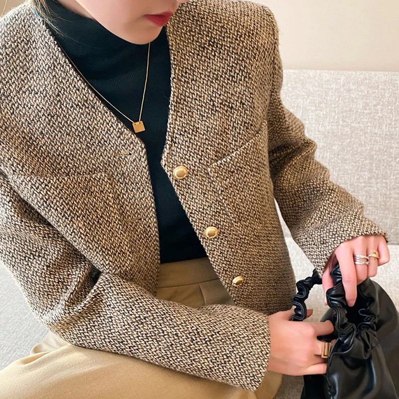 Jacket Style Simple Tweed Coat Chic Single-Breasted O-Neck Outerwear