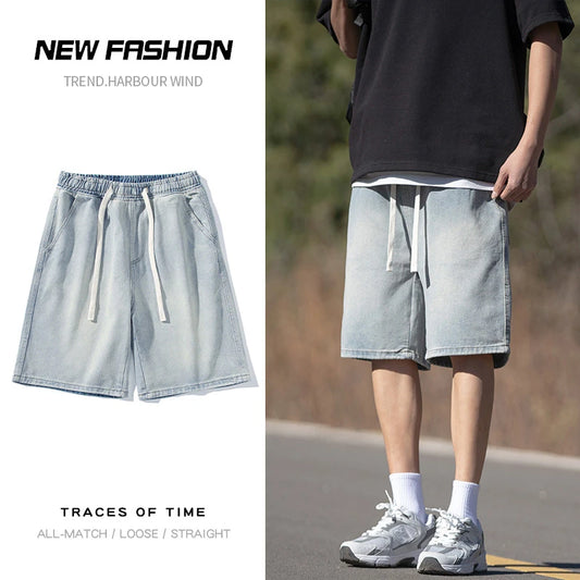 Men's Summer Baggy Straight Denim Shorts Elastic Waist Fashion