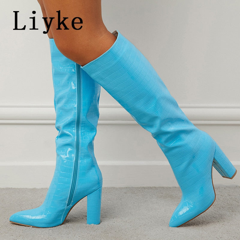 Pointed Toe Zip Knee High Boots Fashion Print Square Heels