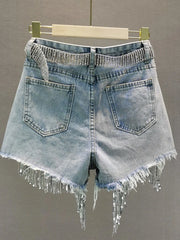 Summer Lady Tassel Beading High Waist Wide Leg Denim Shorts