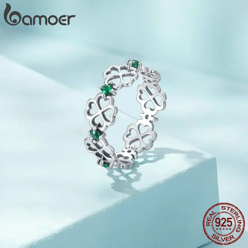 Silver Ring Four Leaf Clover Good Luck Band Ring for Women