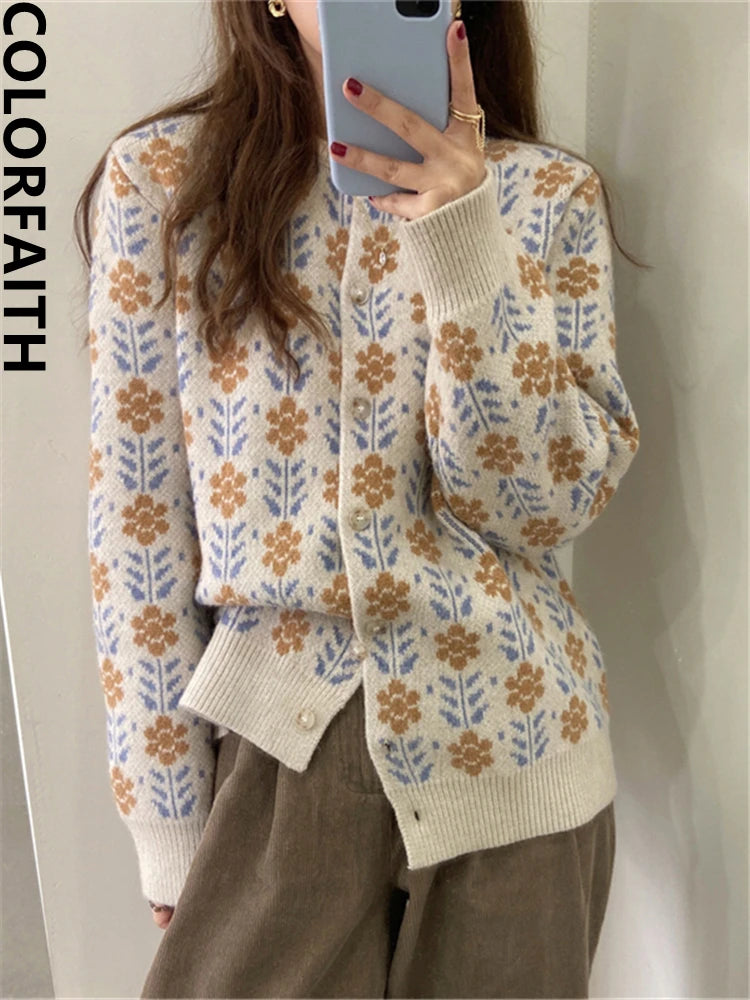 Vintage Floral Korean Fashion Knitting Cardigans Sweaters Tops