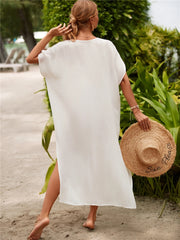 Embroidered Kaftan Retro V-neck White Dress Plus Size