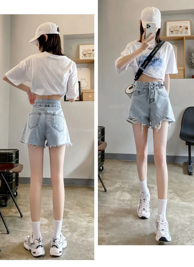 High Waist 2 Buttons Wide Leg Vintage Hole Tassel Baggy Denim Shorts