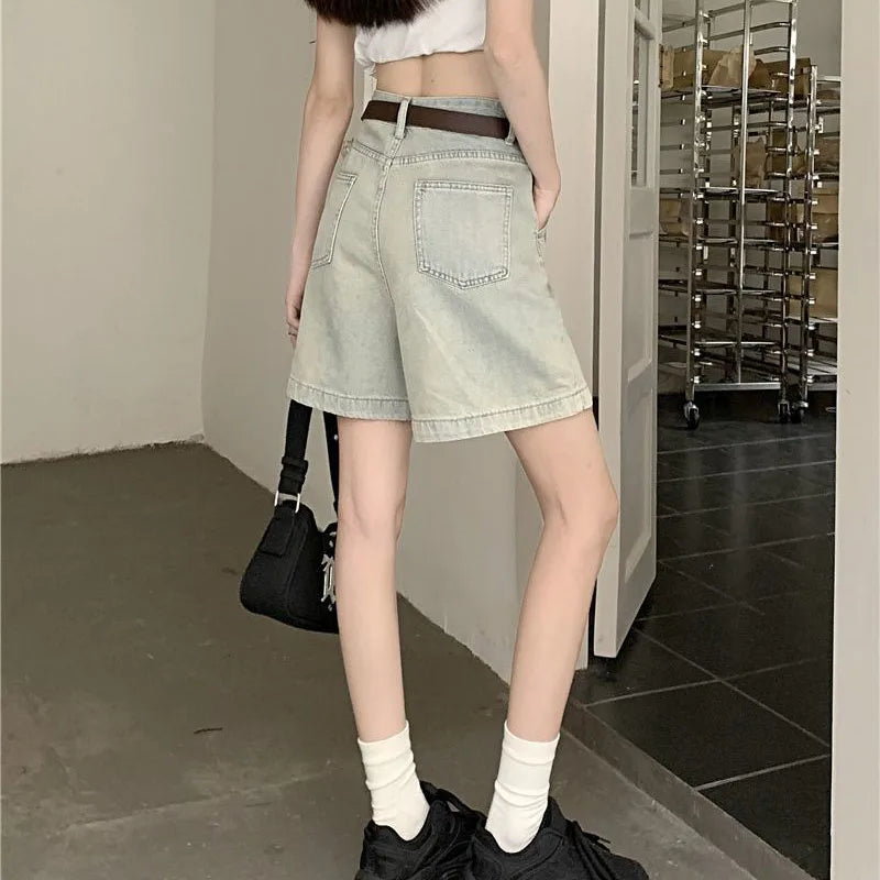 Light Blue High Waist Denim Shorts Summer Wide Leg Vintage