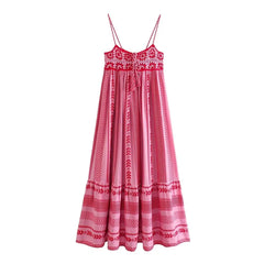 Boho Pink Spliced Crochet Strap Dresses For Women Robe Vintage