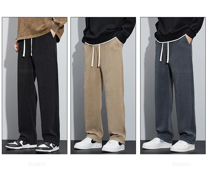 Stretch Stripe Corduroy Pants Thick Elastic Waist Baggy Straight Jogger Trousers