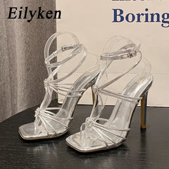 Design Narrow Band Buckle Strap Sandals Square Toe Thin High Heels