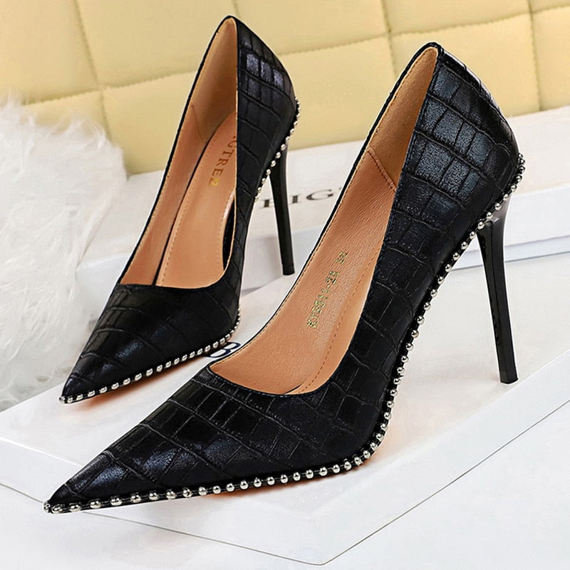 Shoes Rivet Woman Pumps High Heels Stiletto Pu Leather