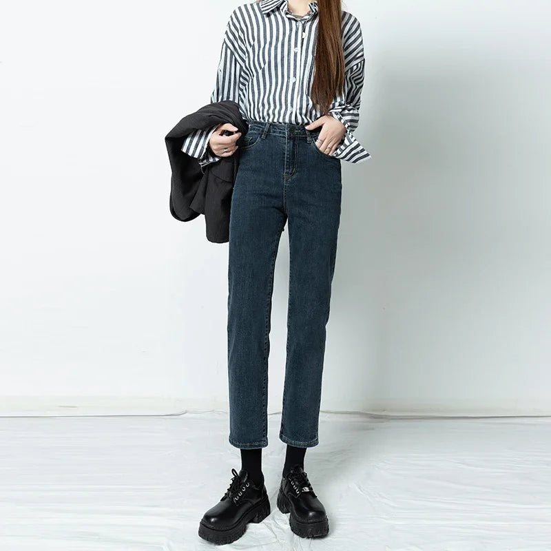 Jeans Vintage Mid Waist Loose Business Office Elegant Lady Pants