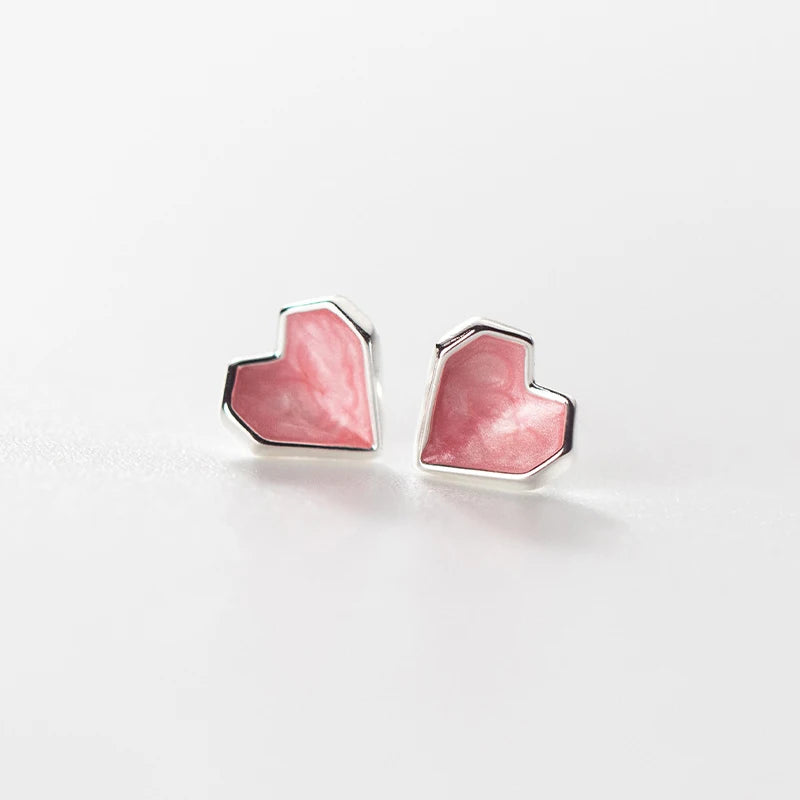 Silver Pink Enamel Hearts Stud Earrings Jewelry