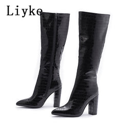 Pointed Toe Zip Knee High Boots Fashion Print Square Heels